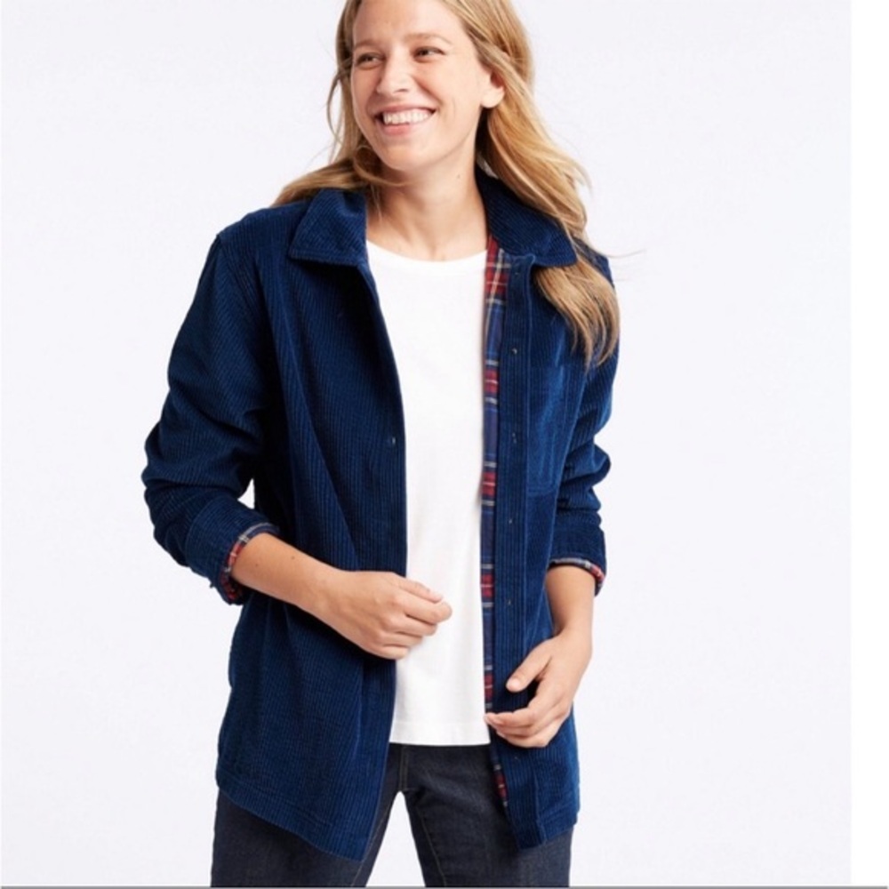 LL Bean Blue Corduroy Button Down Shirt Jacket Plaid Lined Women’s Large